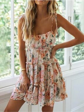 Floral Ruffle Tiered Mini Dress - Pink & Cream